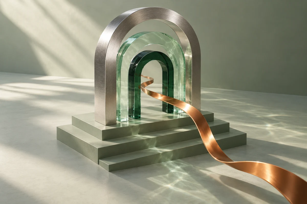 Arcos de metal y vidrio conectados por una cinta de cobre sobre una escalera: una idea que avanza hacia su siguiente etapa.